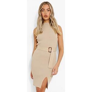 Rib Knit Belted Crew Neck Sleeveless Dress  stone 40 Female