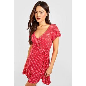 Polka Dot Wrap Front Ruffle Tea Dress  red 46 Female