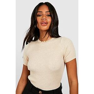 Rib Knit Crew Neck Short Sleeve Knitted Top  stone L Female