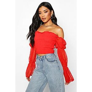 Polka Dot Mesh Shirred Square Neck Crop Top  red 34 Female