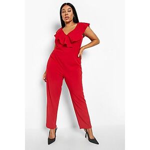 Plus Ruffle V Neck Tapered Jumpsuit  red 50 Female