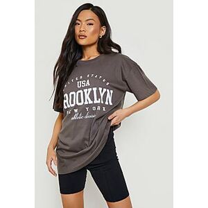 Brooklyn Slogan Printed Oversized T-shirt  charcoal L Female