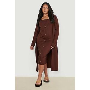 Plus Horn Button Midi Dress And Duster Co-ord  chocolate 50 Female