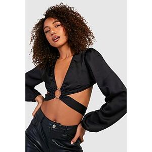 Tall Satin Balloon Sleeve Wrap Tie Crop Top  black 34 Female