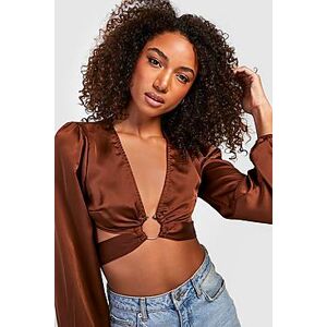 Tall Satin Balloon Sleeve Wrap Tie Crop Top  chocolate 34 Female