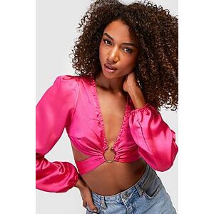 Tall Satin Balloon Sleeve Wrap Tie Crop Top  hot pink 34 Female