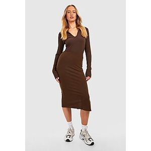 Tall Knitted Rib Split Front Mix And Match Midi Skirt  chocolate 34 Female