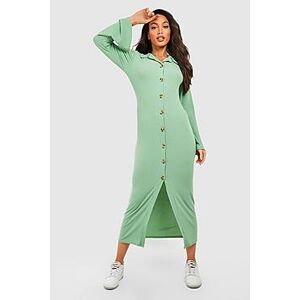 Tall Knitted Rib Flare Sleeve Button Down Midaxi Dress  green 34 Female