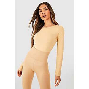 Basic Long Sleeve Cotton Mix Crew Neck Bodysuit  sand 34 Female