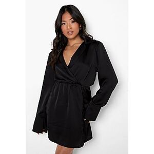 Petite Satin Button Shoulder Pad Shirt Dress  black 32 Female