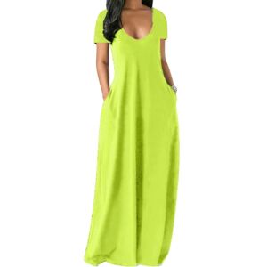 Xatilo Plus størrelse kvinders kortærmet V-hals Maxikjole Casual kjole Fluorescerande grön XXL