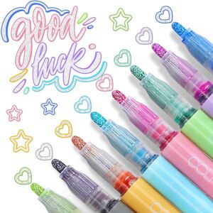 Double Line Outline Pen, 8 farver metallic penne, glitter