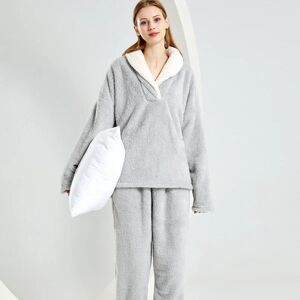 JBK Fleecepyjamas til kvinder Fluffy og blød todelt pyjamassæt fortykket hjemmetøj - grå