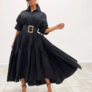 Sexy Dance Kvinder ensfarvet skjortekjole flæsende maxi-kjoler Black L