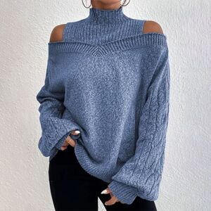 Sexy Dance Dame Turtle Neck Puff Sleeve Cold Shoulder Strikket Sweatere Blå XL