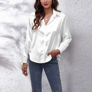 Sexy Dance Damebluse med buet kant Tunikaskjorte med langærmede satin-t-shirts White S