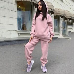 Galaxy 2-delad Hættetrøjer Sæt Enfärgad Pullover Sweatshirt & Sweatpants Tjock träningsoverall Rosa M