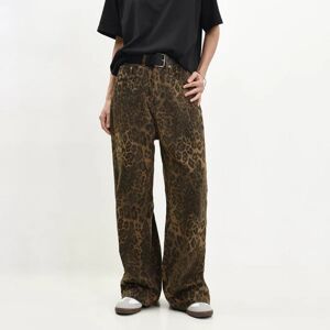 Jettbuying Tan Leopard Jeans Dame Denim Bukser Kvinde Oversize Bredt ben Tr leopard print L