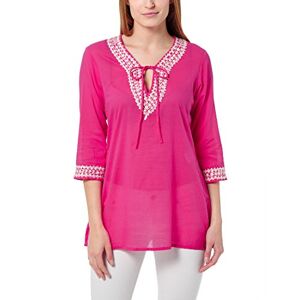 berydale women's loose fit 3/4 length sleeve tunic blouse with embroidery and beads, Pink (pink/white), One size (Manufacturer size M)