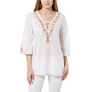 berydale women's loose fit 3/4 length sleeve tunic blouse with embroidery, White (white/gold), One size (Manufacturer size L)