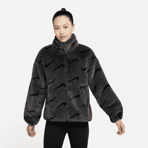 Nike Sportswear Plush-jakke i imiteret pels med print til kvinder - grå grå XS (EU 32-34)