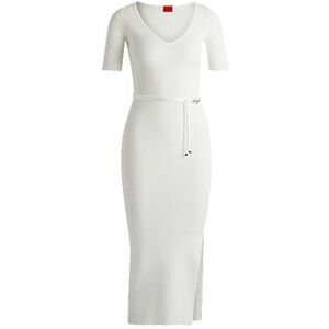 HUGO Rib-knit midi dress with branded wrap belt