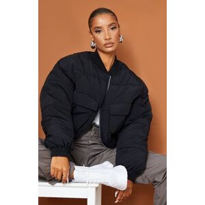 PrettyLittleThing Bomber oversize en nylon noir à poches frontales et détail manches, Noir - Publicité