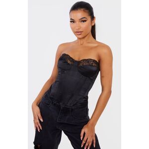 PrettyLittleThing Corset satiné noir à liseré dentelle, Noir - Publicité