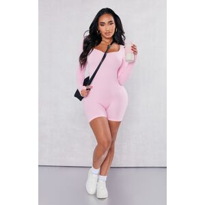 PrettyLittleThing Shape Combishort côtelé rose clair à contours et manches longues, Rose Clair - Publicité