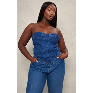 PrettyLittleThing Plus Corset bustier en jean bleu foncé à ourlet élastique, Bleu Foncé - Publicité