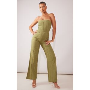 PrettyLittleThing Combinaison bustier ajustée en effet lin kaki, Kaki - Publicité