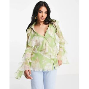 ASOS DESIGN - Blouse col en V Ã  volants et bords boutonnÃ©s - ImprimÃ© Ã  fleurs vert-Multicolore Multicolore 32 female - Publicité