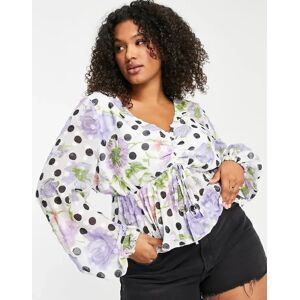 ASOS DESIGN Curve - Blouse froncÃ©e manches longues avec ourlet plissÃ© Ã  basque et imprimÃ© pois et fleurs-Multicolore Multicolore 52 female - Publicité