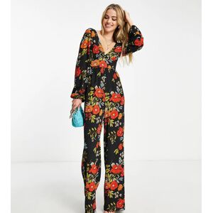 Asos Tall ASOS DESIGN Tall - Combinaison Ã  fleurs avec manches longues en crÃªpe coupe boule boutonnÃ©e au dos-Multicolore Multicolore 32 female - Publicité