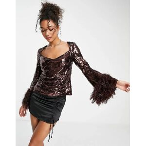 ASOS DESIGN - Top manches longues ornementÃ© avec col bÃ©nitier et plumes sur les poignets - Chocolat-Marron Marron 36 female - Publicité