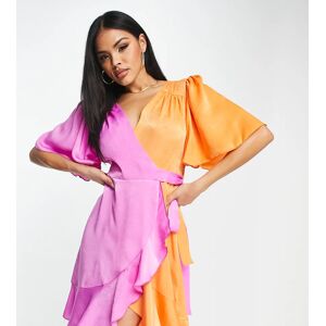 - Robe courte satinÃ©e Ã  volants avec manches Ã©vasÃ©es de couleurs contrastantes - Rose et orange Rose 38 female