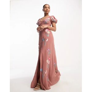 - Robe longue brodÃ©e Ã  manches bouffantes - Caramel et rose Rose 34 female