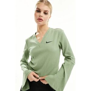 Nike - Top tendance Ã  manches longues et col en V en jersey cÃ´telÃ© - Vert pÃ©trole Vert S female - Publicité