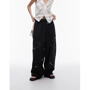 Topshop - Pantalon ample en lin avec taille Ã©lastique et empiÃ¨cement en dentelle - Noir Noir XS female - Publicité