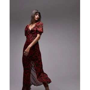 Topshop - Robe longue imprimÃ©e coupÃ©e en biais Ã  manches bouffantes - Rouge Rouge 32 female - Publicité