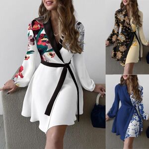 Nouveau Dames mode Blazer manteaux Colorblock imprimé fleuri à manches longues tenue de bureau surplis ceinture robe élégante - Publicité