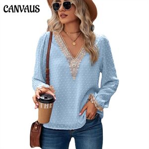 CANVAUS Printemps et Automne Femmes T-Shirts Hauts Jacquard En Mousseline De Soie Chemise Dentelle Couture Manches Longues Lâche Col En V Chemisier Pour Les Femmes - Publicité