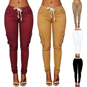 Pantalon Cargo slim décontracté pour femmes, couleur unie, poches avec cordon de serrage, pantalon de jogging, vêtements à la mode pour dames - Publicité