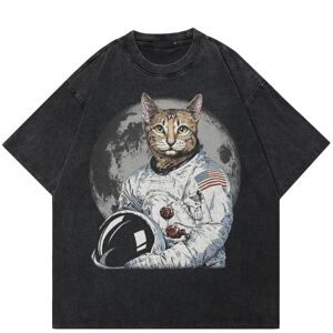 AKIN QUARTER 24 Streetwear chat astronaute graphique unisexe T-Shirt coton lavé noir T-Shirt unisexe hauts t-shirts été manches courtes T-Shirt - Publicité