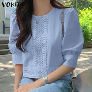 Women Summer Casual Lace Spliced Round Neck Puff Half Sleeve Solid Color Loose Blouse