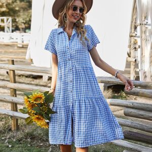 Chemise à carreaux pour femmes, manches courtes, taille haute, ample, loisirs, robe mi-longue, printemps été - Publicité