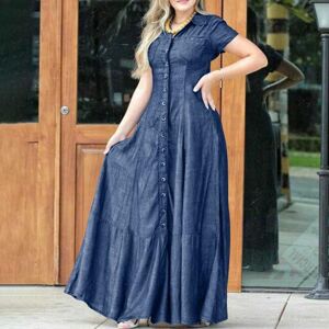 Robe longue en Denim pour femmes, manches courtes, revers, poches plaquées, taille haute, ourlet à volants, ligne A, élégante, décontractée, couleur unie - Publicité