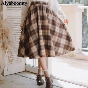 Alyaboomty Mori Girl automne hiver femmes jupe élégante taille haute Vintage Plaid chaud laine jupe laine Chic rose bleu kaki jupes femmes - Publicité