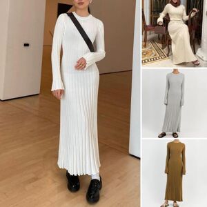 Robe longue en tricot pour femmes, couleur unie, taille serrée, col rond, manches longues, Maxi, côtelée, coupe cintrée - Publicité