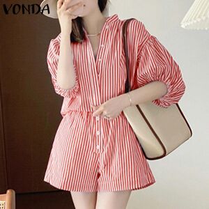 Women s Summer Casual Shirt Collar Puff Short Sleeve Striped Solid Color Loose Jumpsuit